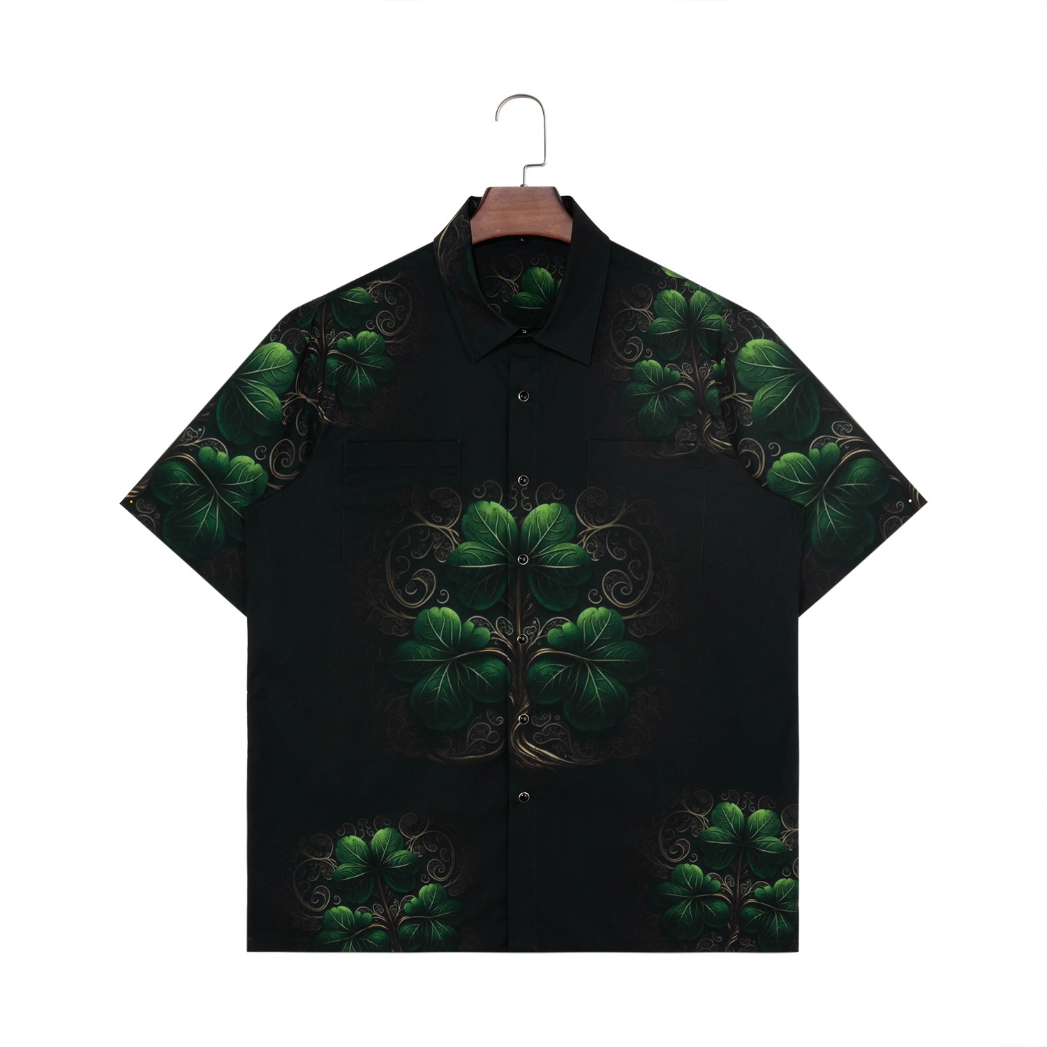 Men's 97% Polyester 3% Spandex Short Sleeve Button Down Shirts With Some Green Leaf Elements Against Black Background