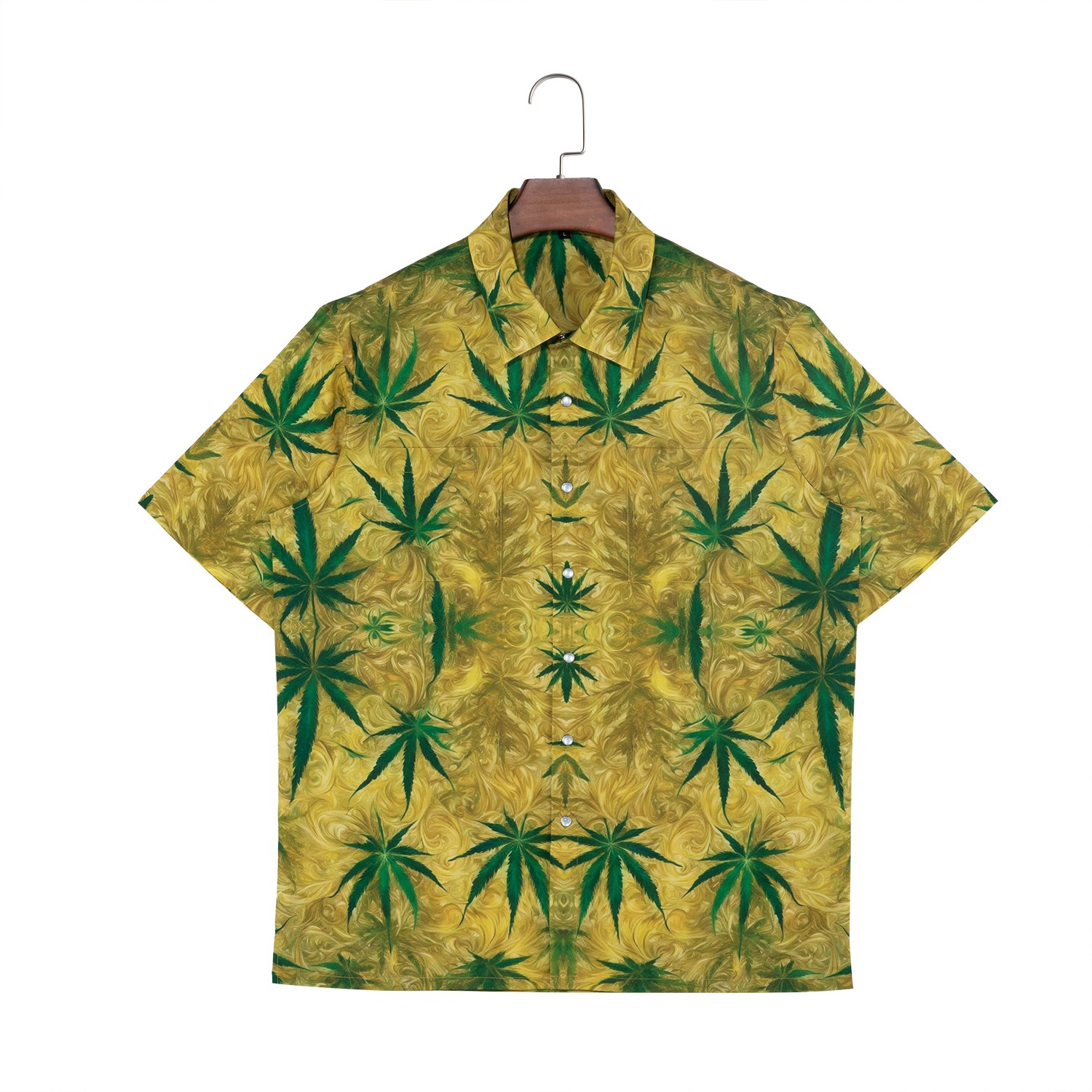 Men's 97% Polyester 3% Spandex Short Sleeve Button Down Shirts With Some Green Leaf Elements Against Yellow Background