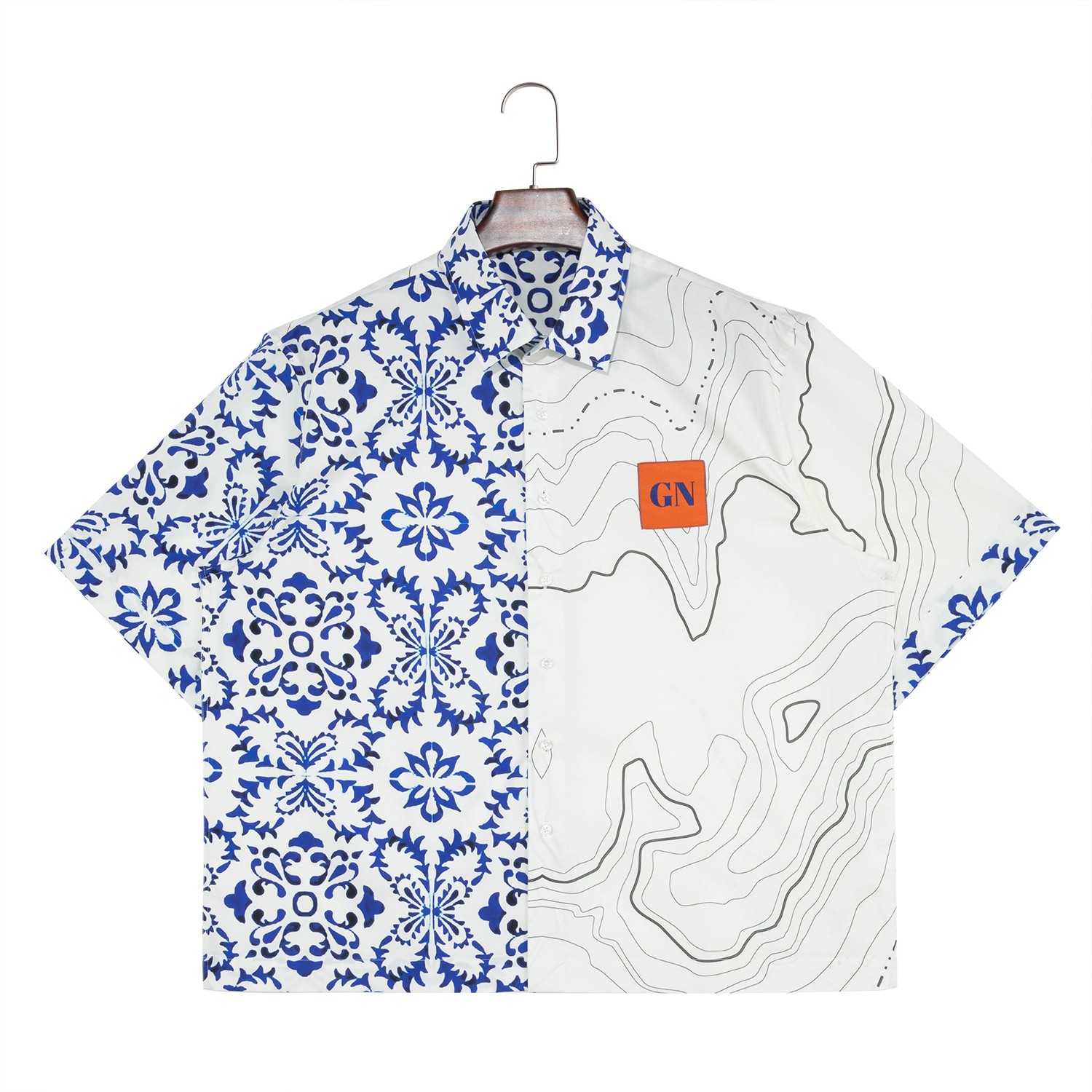 Men's 100% Cotton Blue And White Contrast Color Short Sleeve Button Down Shirts With Some Chinese Elements