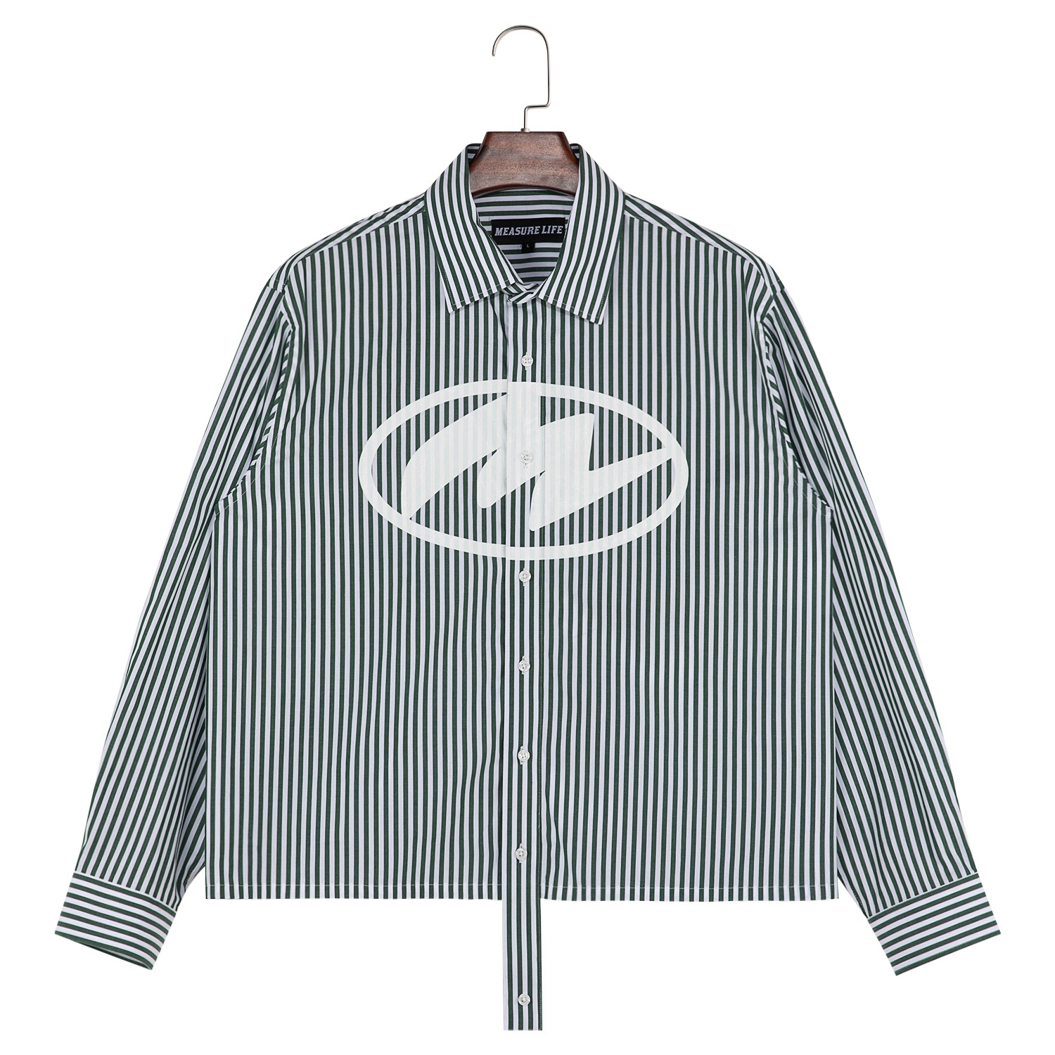 Men's 100% Cotton Printing White And Green Stripes  Button Down Long Sleeve Shirts With Long Placket