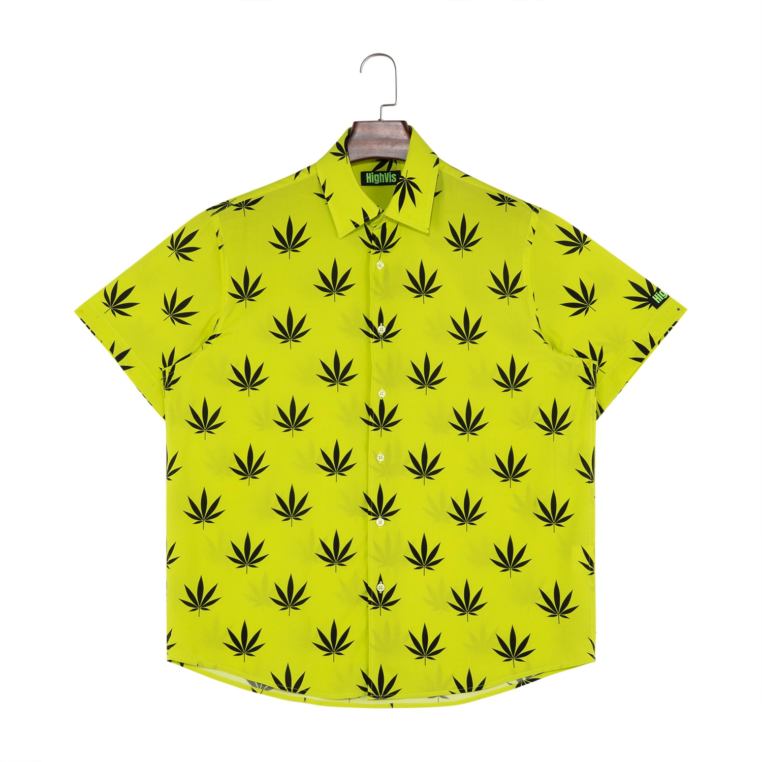 Men's 70% Vincose 30% Tencel Printed Against The Yellow Background Short Sleeve Button Down Shirts