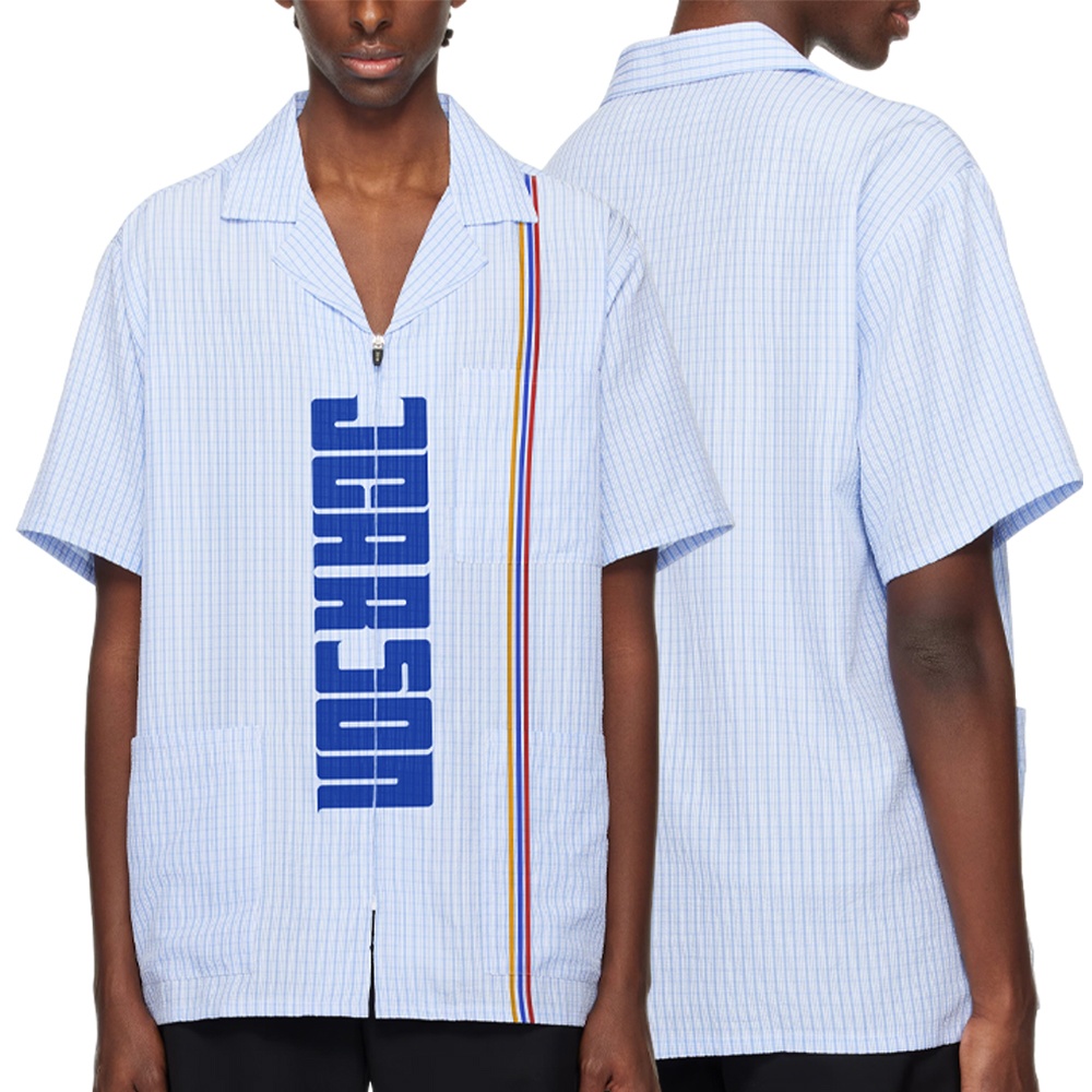 2025 New Design Fine Check Pattern Short Sleeve Zippered Shirts With the Colorful Vertical Stripes on the Side