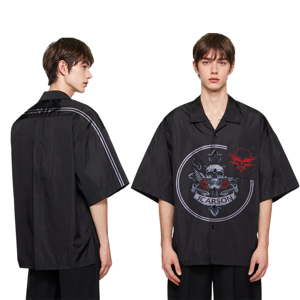 2025 New Design Solid Black Direct Print Short Sleeve Button Down Shirts With Cuban Collar