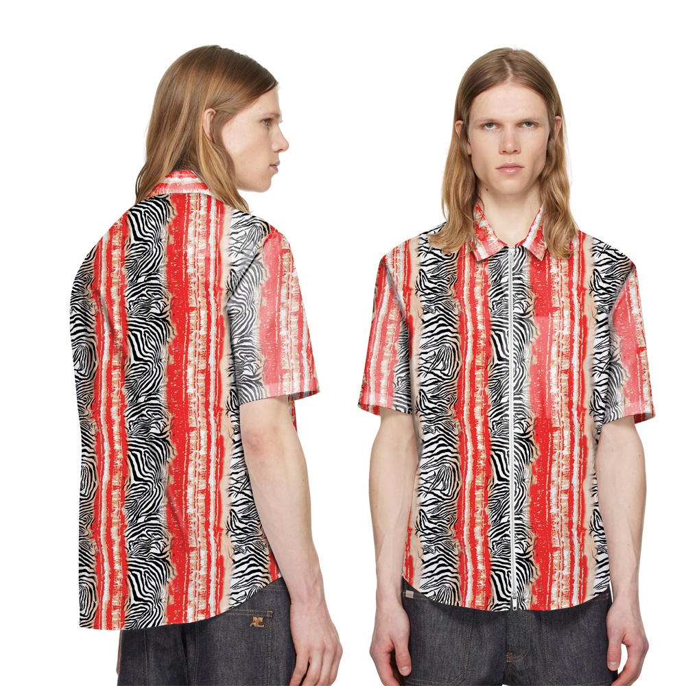 2025 New Design Red-and-black-and-white Wash-ink Style Printed Short Sleeve Button Down Shirts With Turn-down Collar