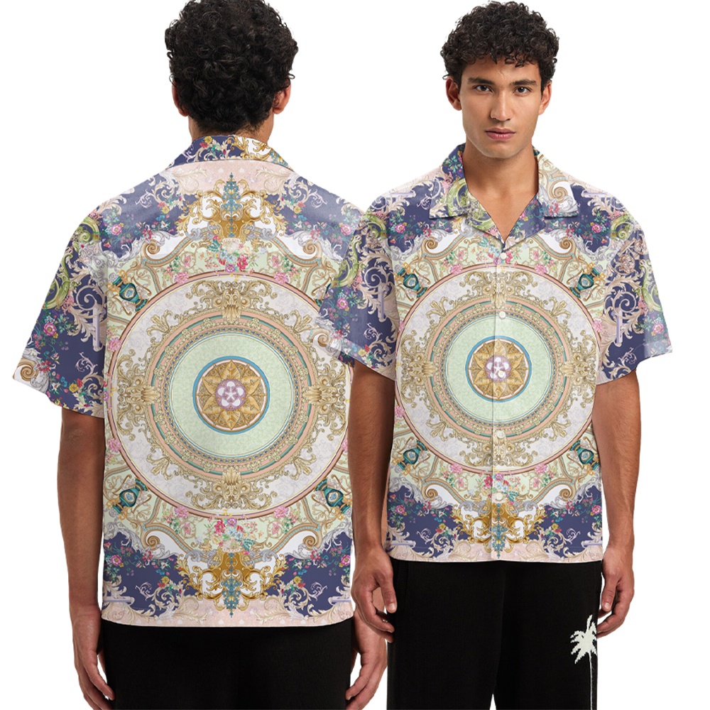 2025 New Design Artistic Printed Short Sleeve Button Down Shirts With Cuban Collar