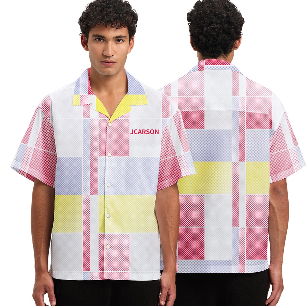 2025 New Design Digital Printed Check Pattern Short Sleeve Button Down Shirts With Cuban Collar