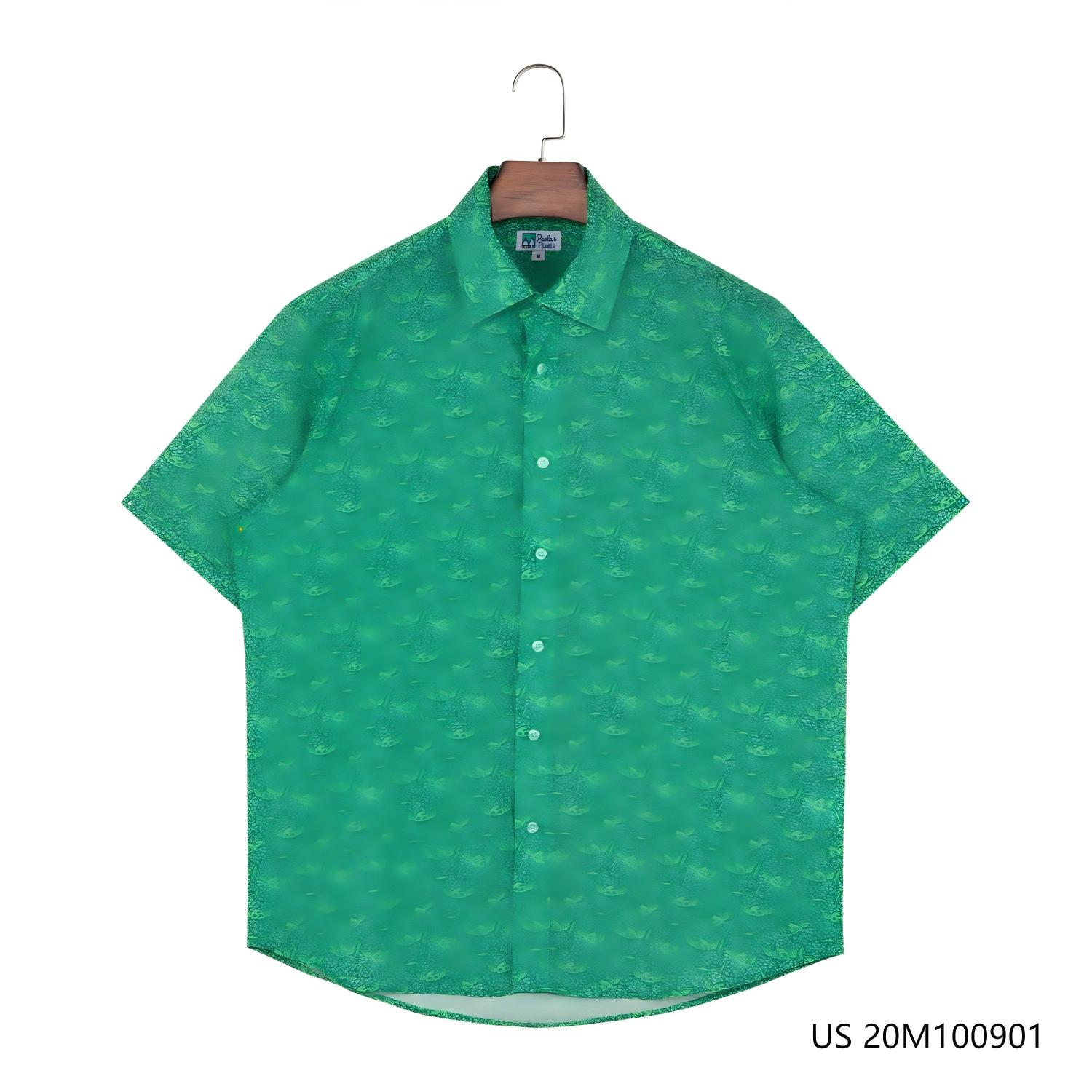 70% Vincose 30%Lyocell Printed Green Loose Fit Short Sleeve Button Down Shirts For Women