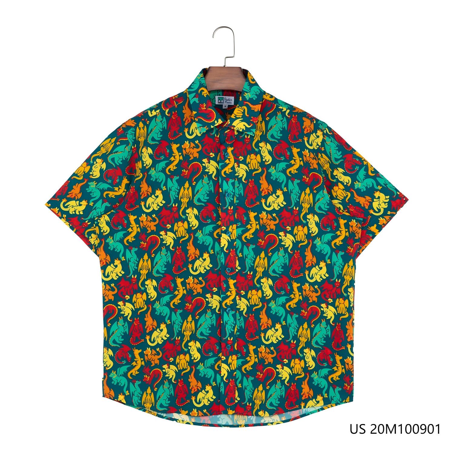 70% Vincose 30%Lyocell Printed Dinosaur Patterns Loose Fit Short Sleeve Button Down Shirts For Women
