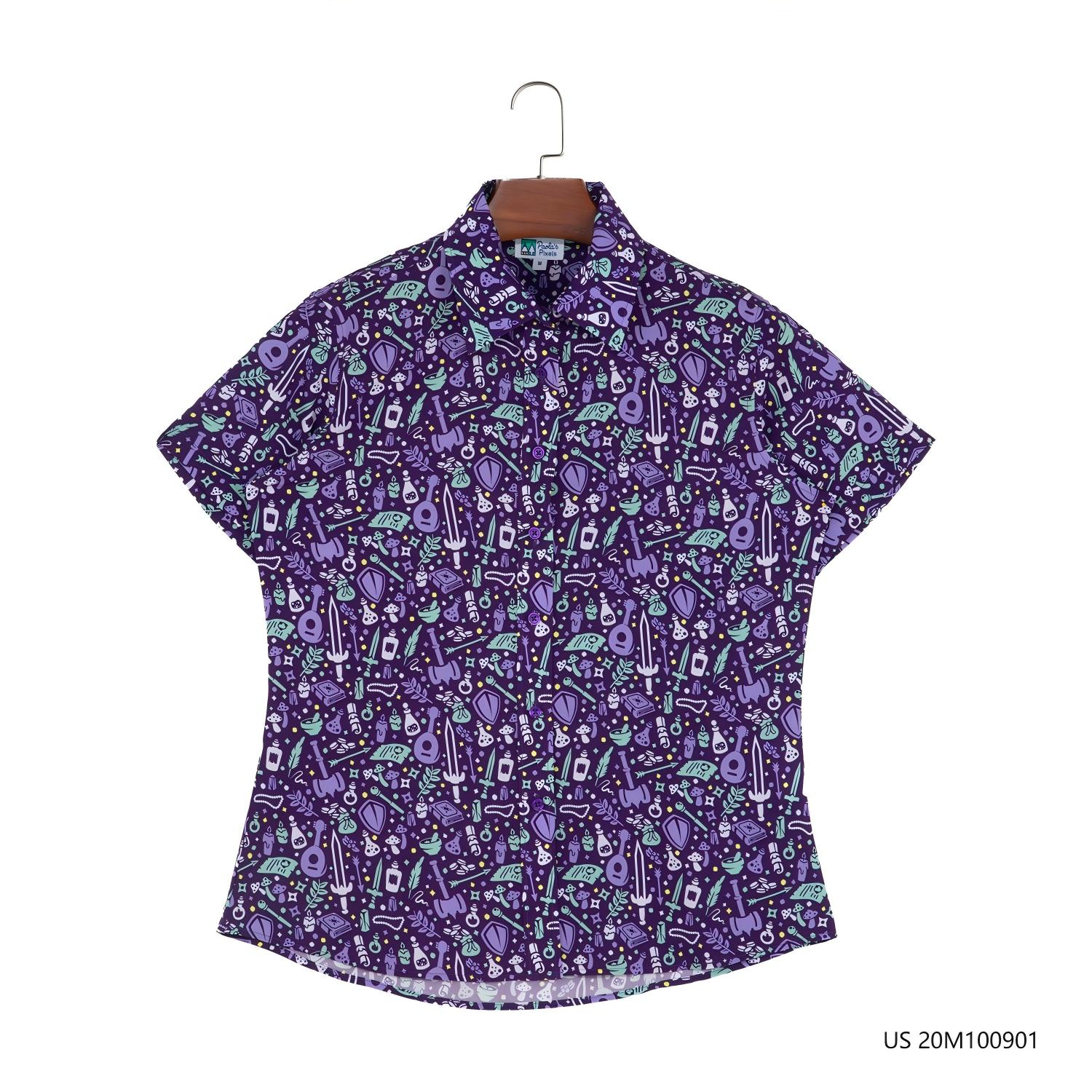 70% Vincose 30%Lyocell Purple Printed  Short Sleeve Button Down Shirts For Women
