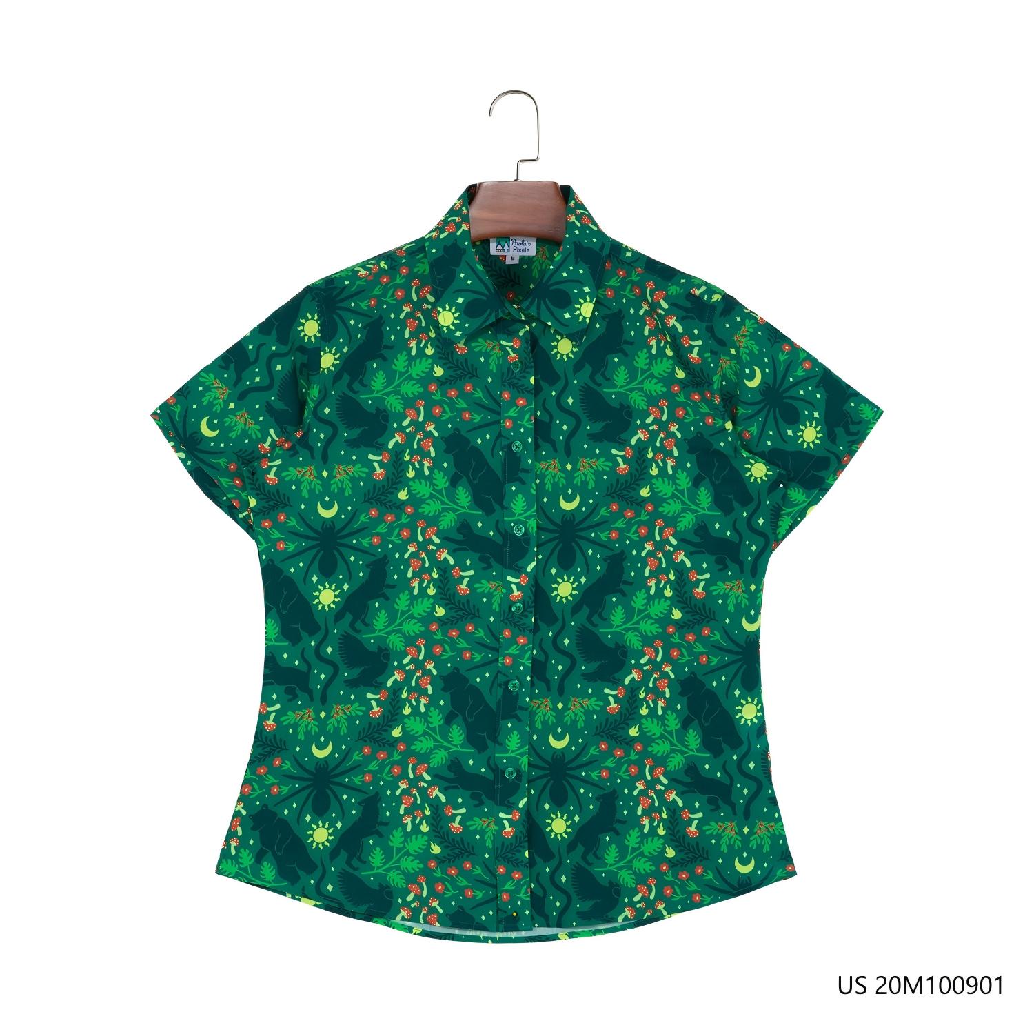 70% Vincose 30%Lyocell Green Printed  Short Sleeve Button Down Shirts For Women