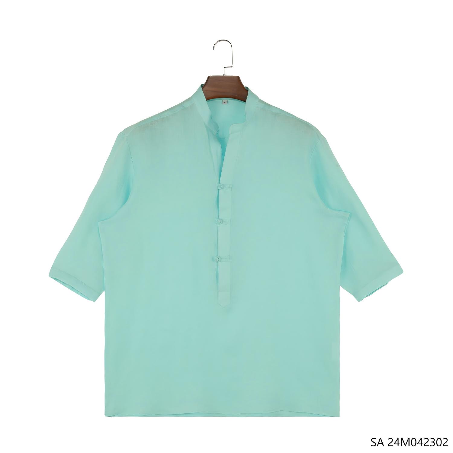 Women's 100% Linen Mint Green Plain Short Sleeve Half-cut placket Pullover Shirts
