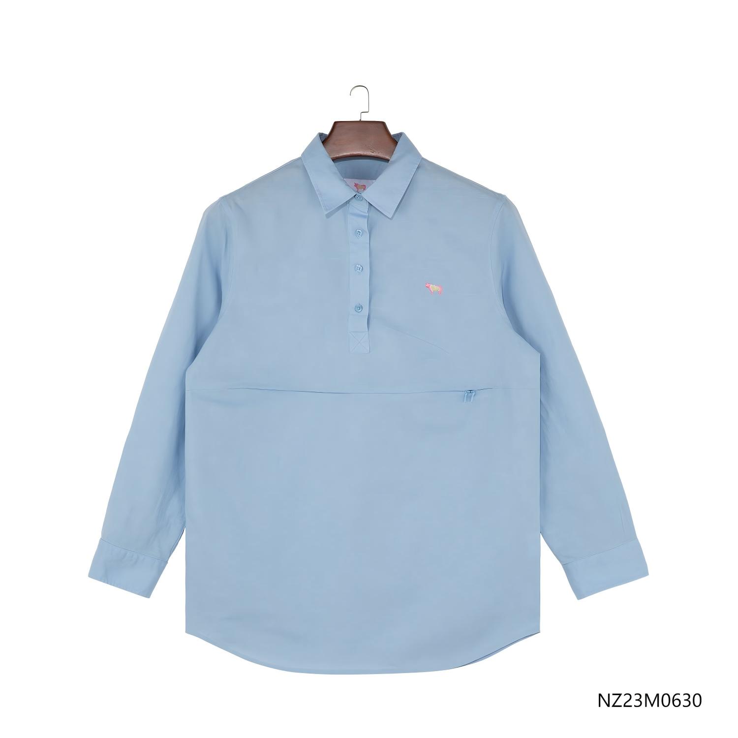 Women's 100% Linen Embroidered Blue Plain Half-cut placket Pullover Long Sleeve Shirts