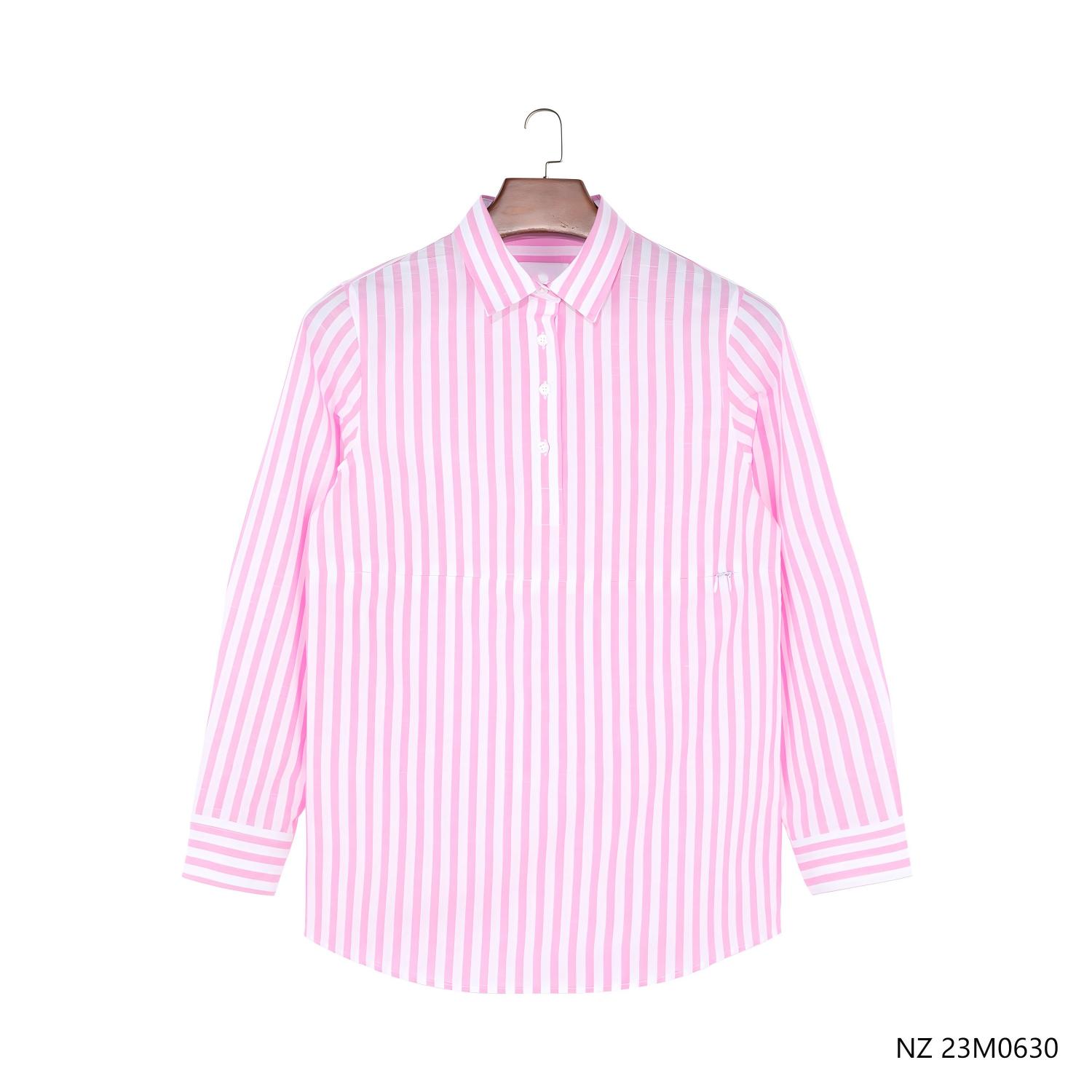 Women's 100% Linen Embroidered Pink And White Stripes Half-cut placket Pullover Long Sleeve Shirts