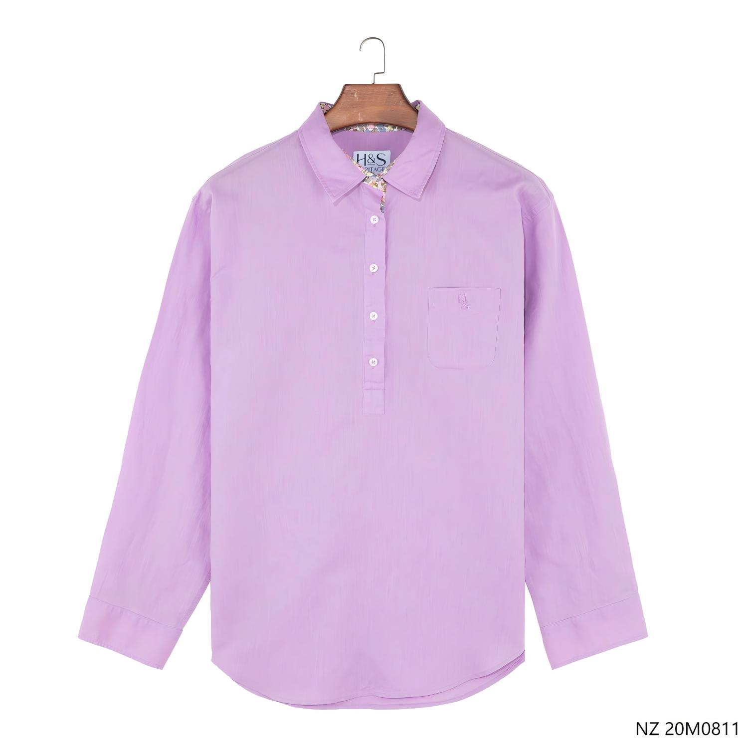Women 55% Linen 45% Cotton Embroidered Purple Plain Half-cut Placket Long Sleeve Shirts With ColorCollar Support