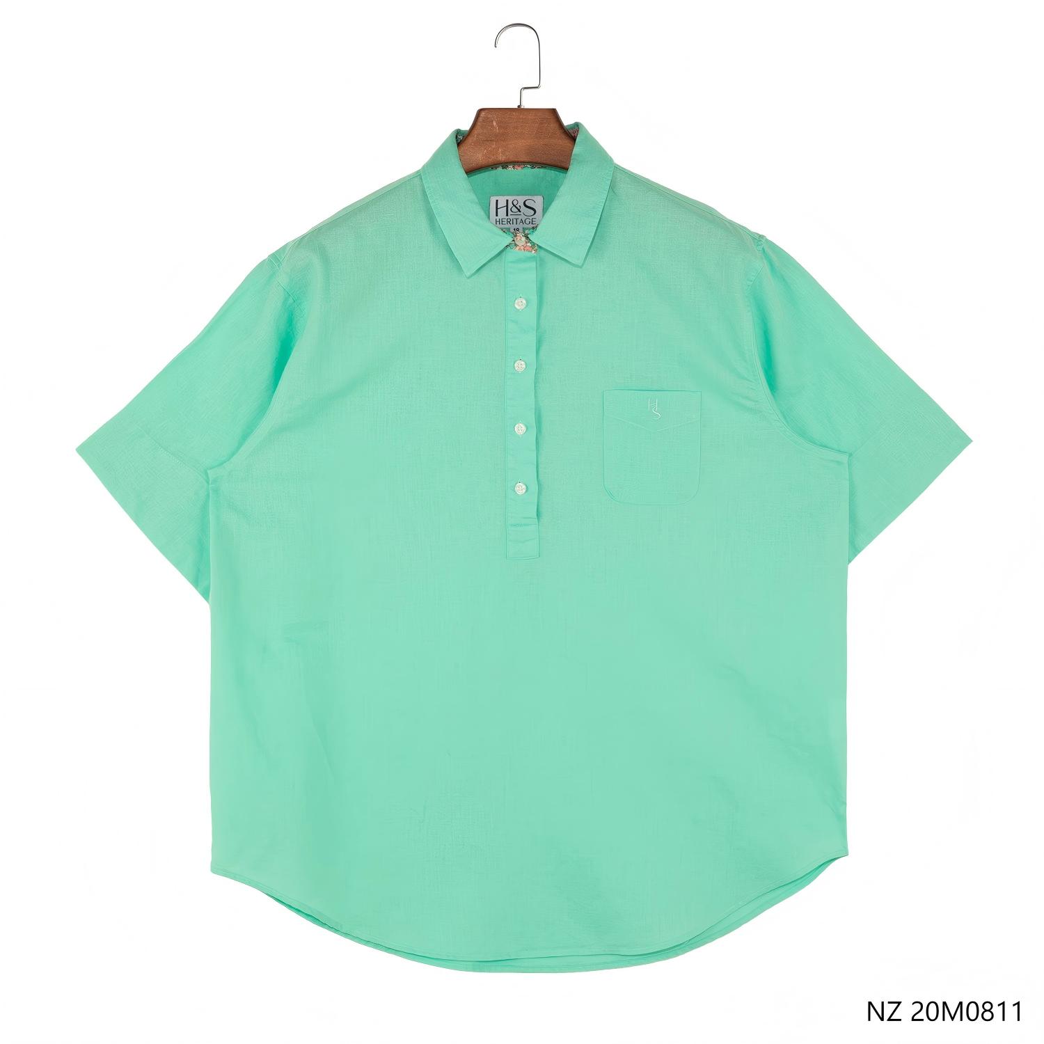 Women 55% Linen 45% Cotton Embroidered Green Plain Half-cut Placket Long Sleeve Shirts With ColorCollar Support