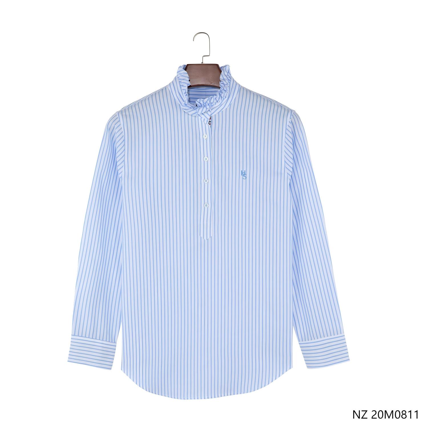 Women 100% Cotton Embroidered Blue And White Stripes Half-cut Placket Long Sleeve Shirts With Stand Collar