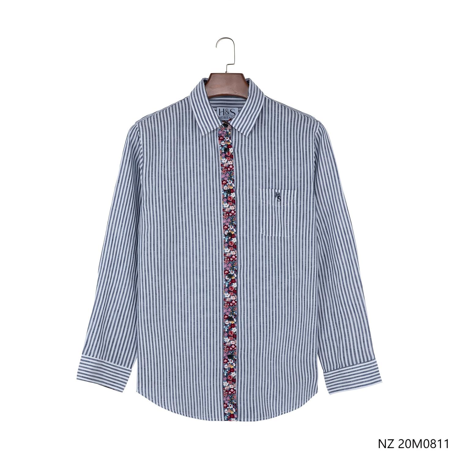 Women 100% Cotton Embroidered Gray And White Stripes Button Down Long Sleeve Shirts With Colorful Placket And Collar Support
