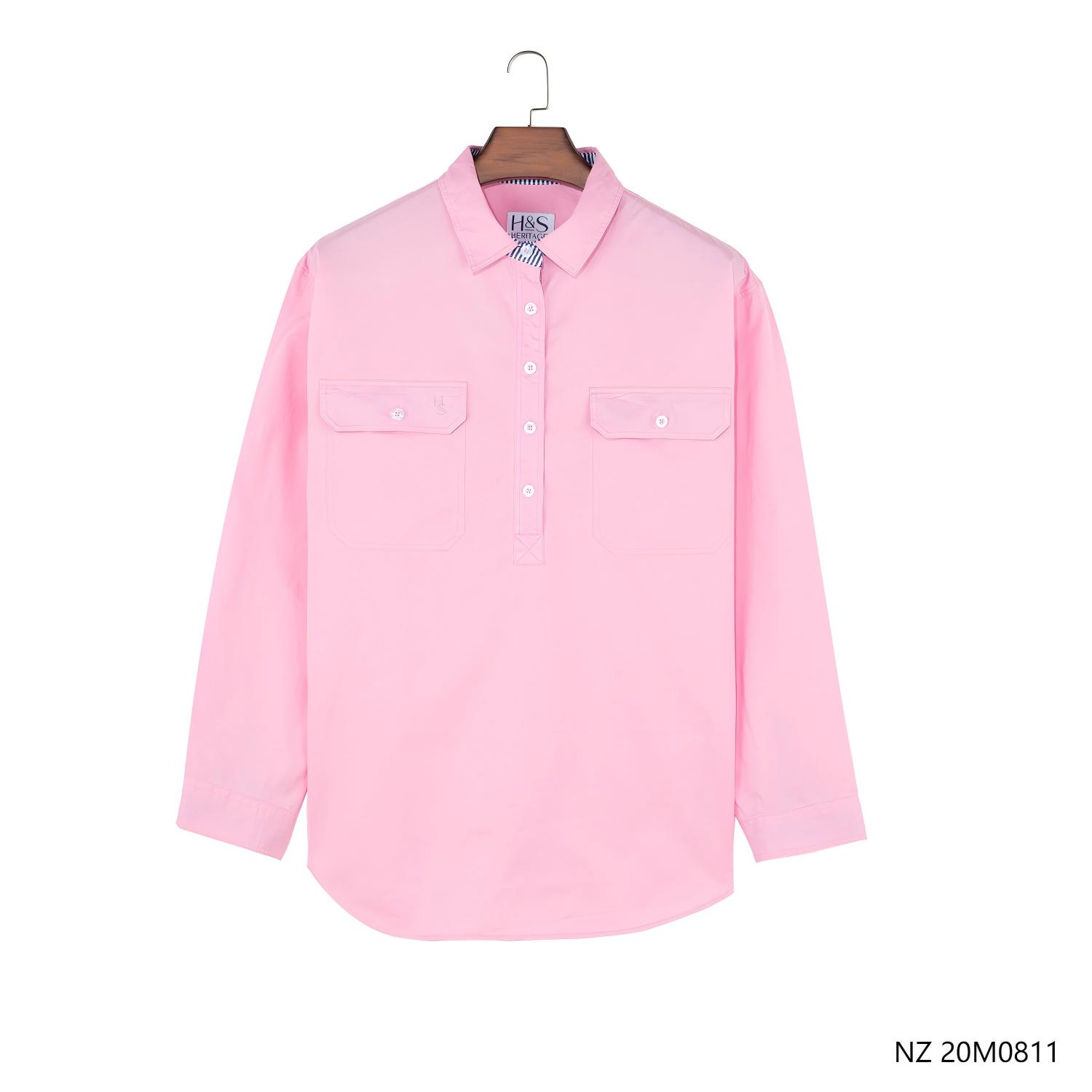 Women 100% Cotton Embroidered Pink Plain Half-cut Placket Long Sleeve Shirts With Stripes Collar Support