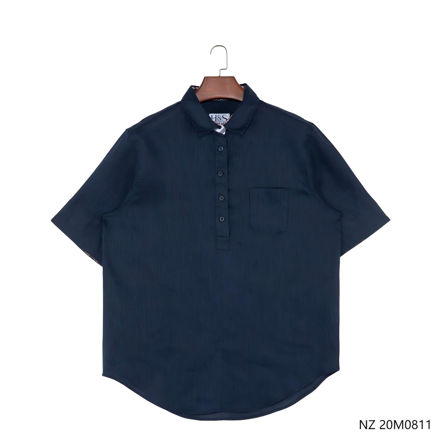 Women 100% Linen Oversize Dark Blue PlainHalf-cut Placket Short Sleeve Shirts  WIth Colorful Collar Support