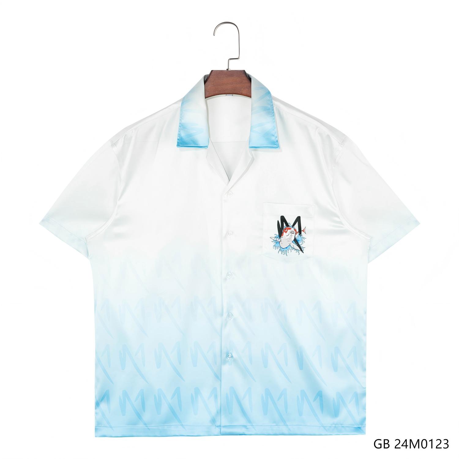 Men's 97% Polyester 3% Spandex Gradient Blue Color Printed Short Sleeve Button Down Shirts With Cuban Collar