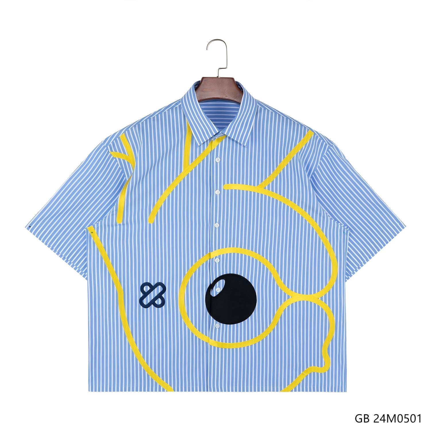Men's 100% Cotton Prinetd Blue And White Stripes Short Sleeve Button Down Shirts