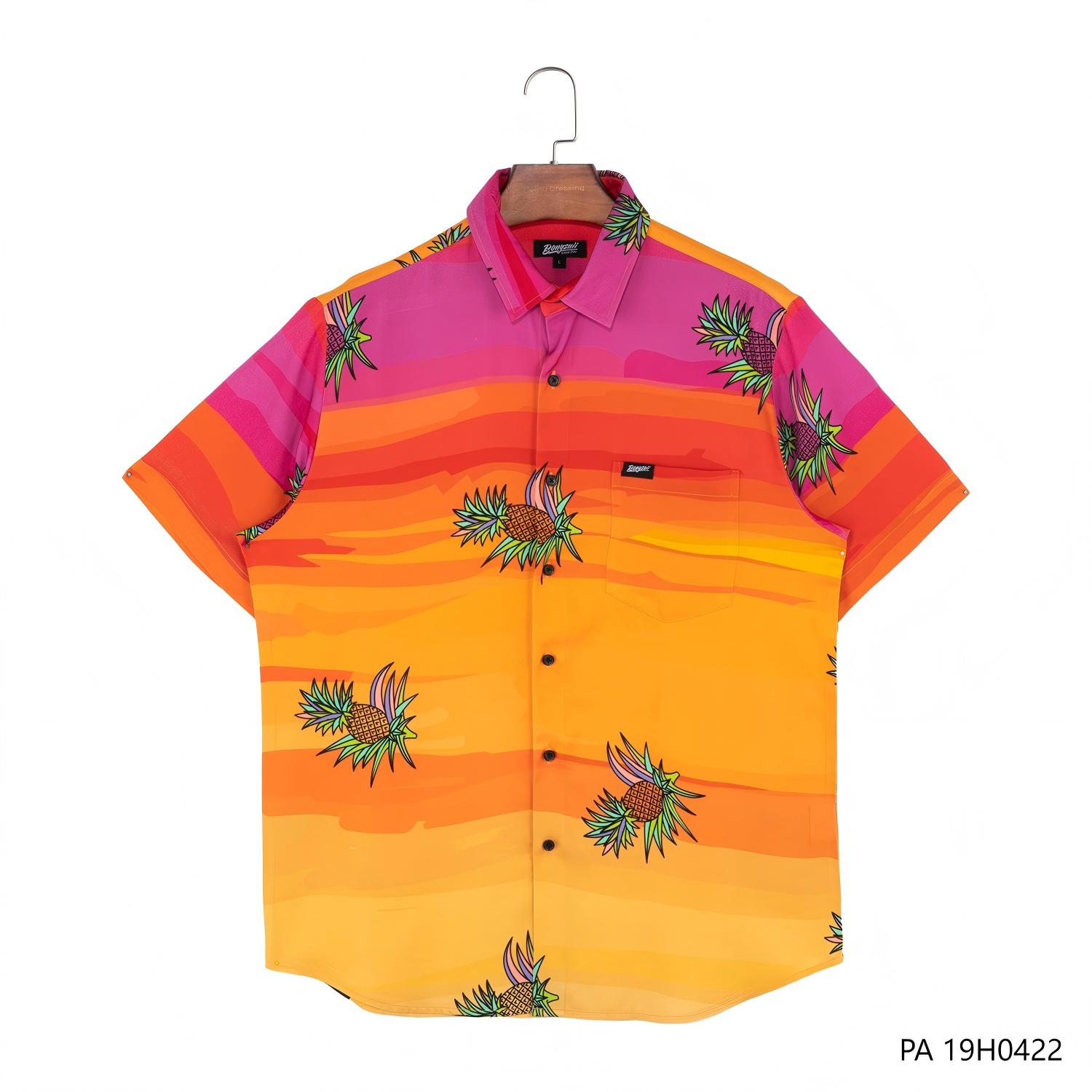 Men's 100% Rayon Gradient Color Printed Short Sleeve Button Down Shirts