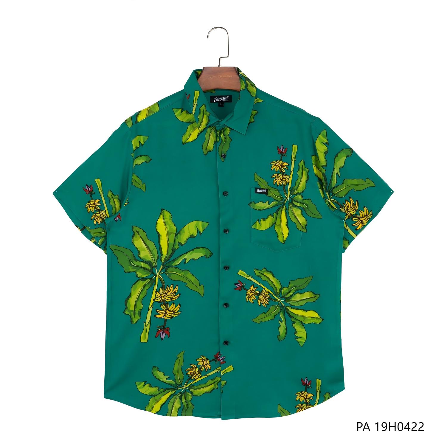 Men's 100% Rayon Green Printed Short Sleeve Button Down Shirts