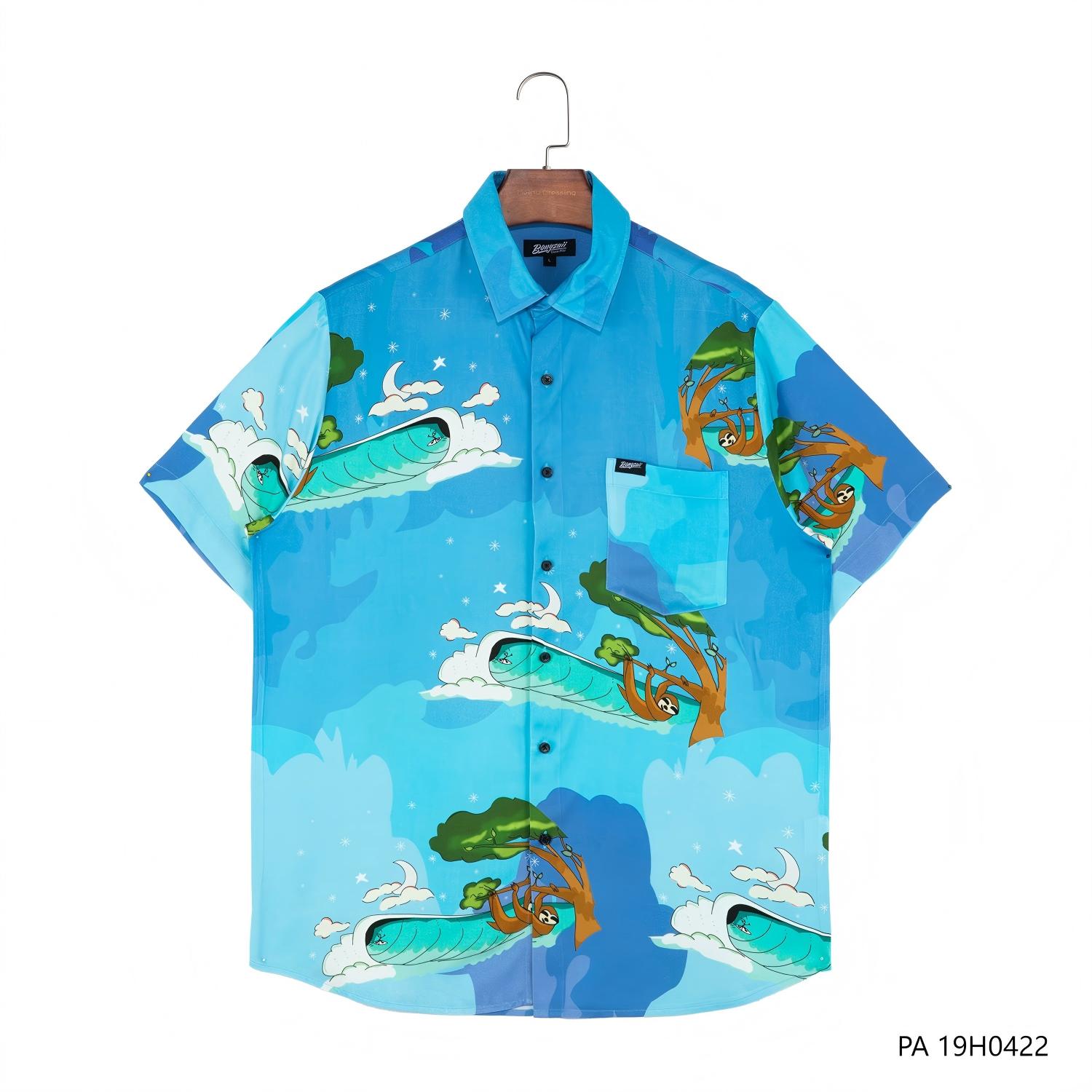Men's 100% Rayon Blue Printed Short Sleeve Button Down Shirts
