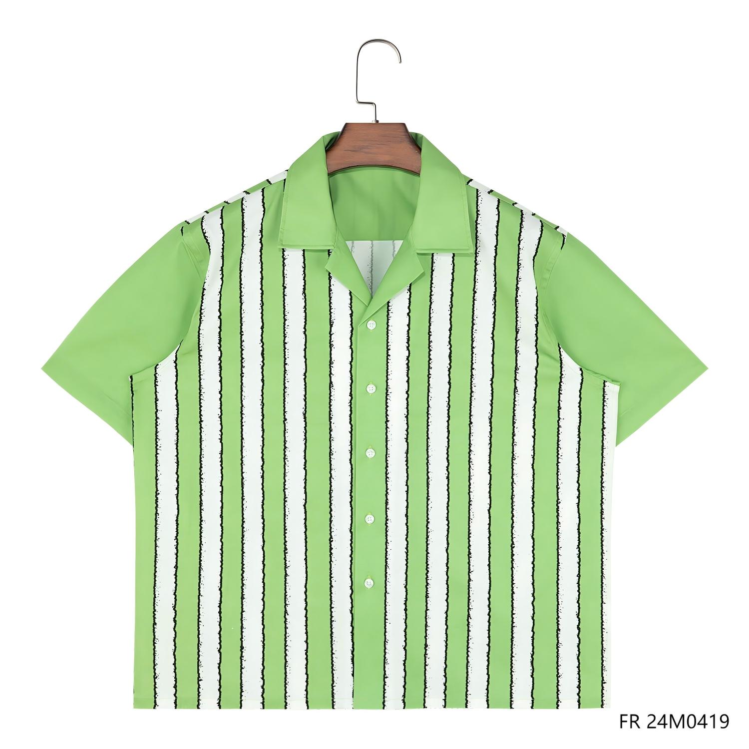 Men's 100% Cotton Printed Green And White Stripes Short Sleeve Button Down Shirts With Cuban Collar