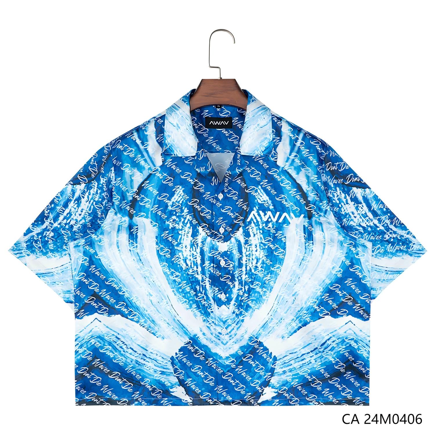 Men's 48% Polyester 37% Recycled 15% Spandex Blue Printing Short Sleeve Button Down Shirts