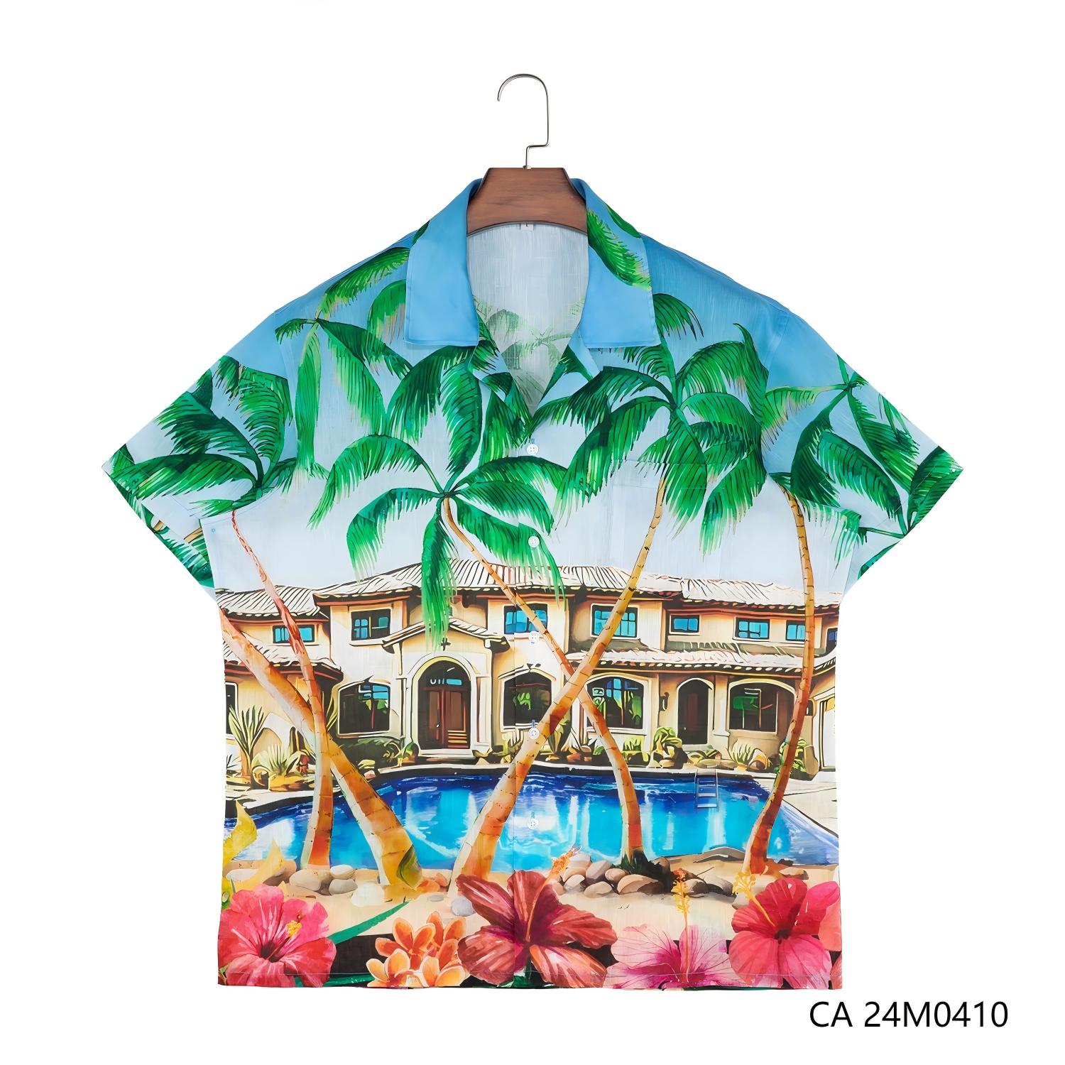 100% Linen Printed Against The Blue Background Hawaiian Shirts For Women