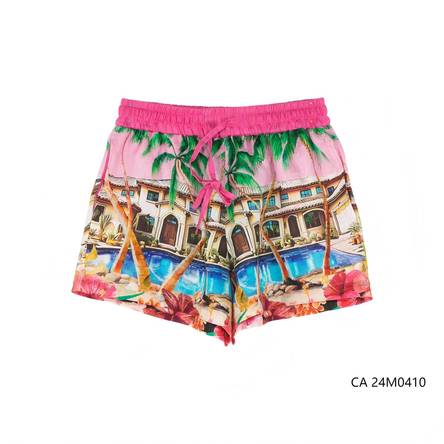 100% Linen Printed Against The Pink Background Hawaiian Shorts For Women
