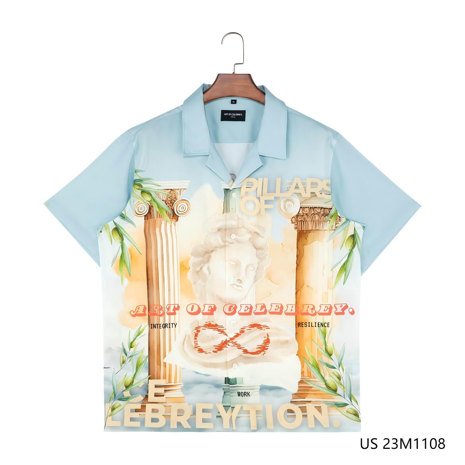  100% Tencel  Double-sides Printed  Short Sleeve Button Down Light Blue Sea-salt Style Men Shirts  With Cuban Collar