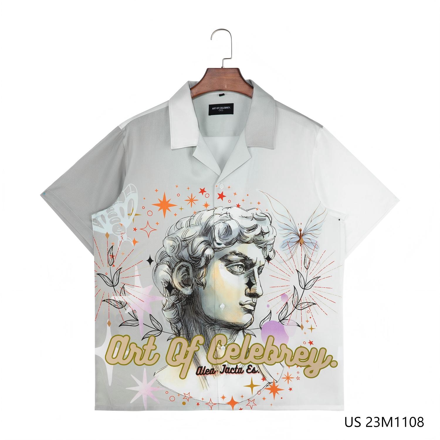  100% Tencel  Double-sides Printed  Short Sleeve Button Down Contrast Color Men Shirts  With Cuban Collar
