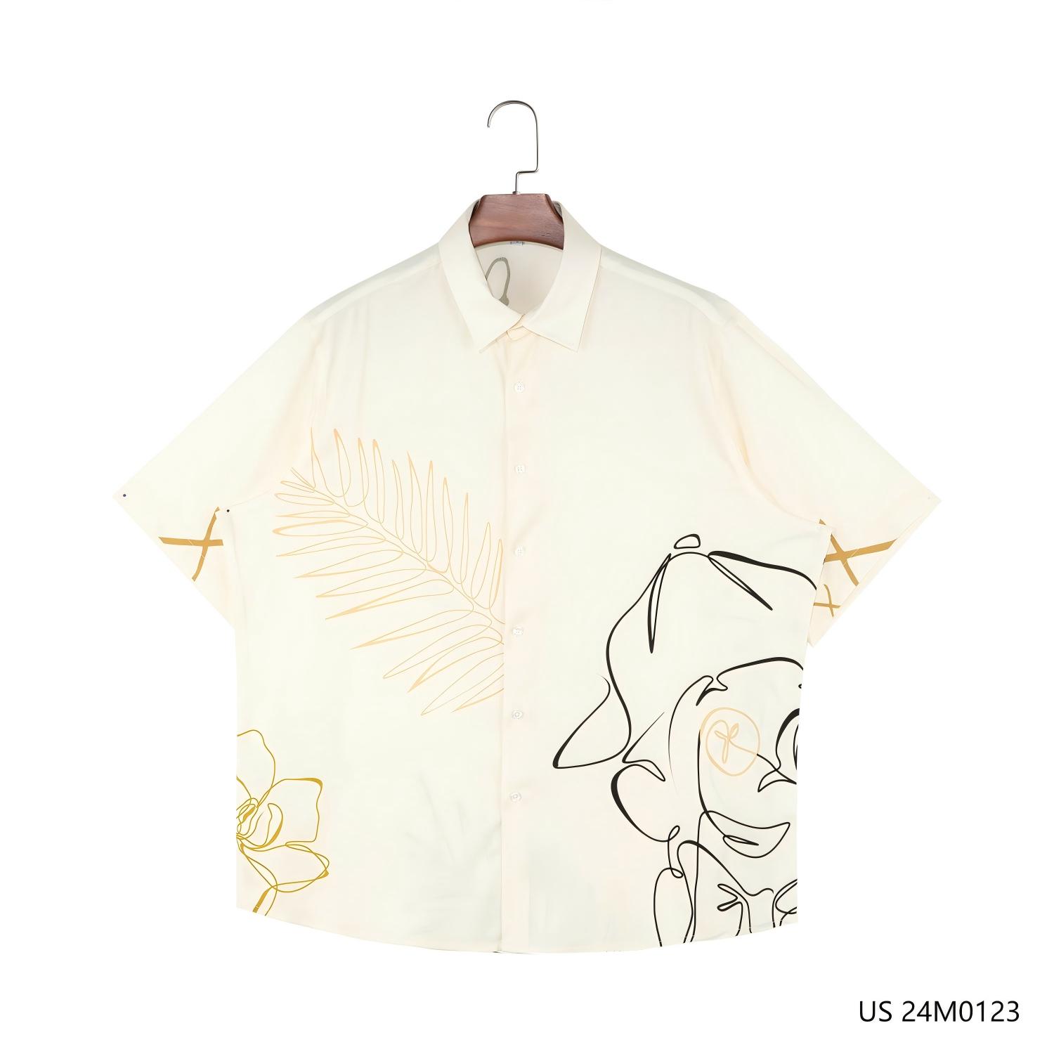 Men's 100% Rayon Beige Printed  Short Sleeve Button Down Shirts