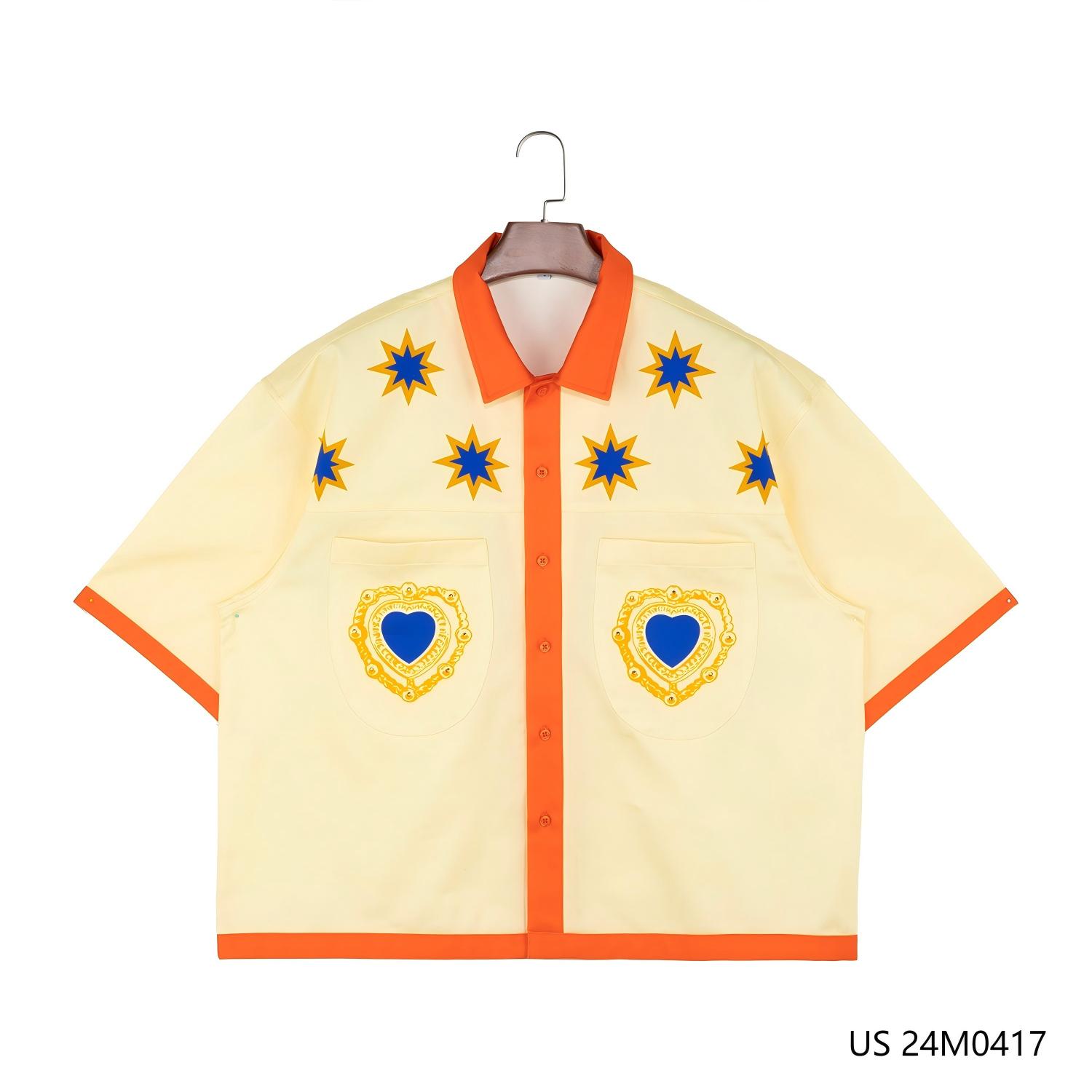 Men's 100% Cotton Oversize Beige And Orange Contrast Printed Short Sleeve Button Down Beaded Shirts