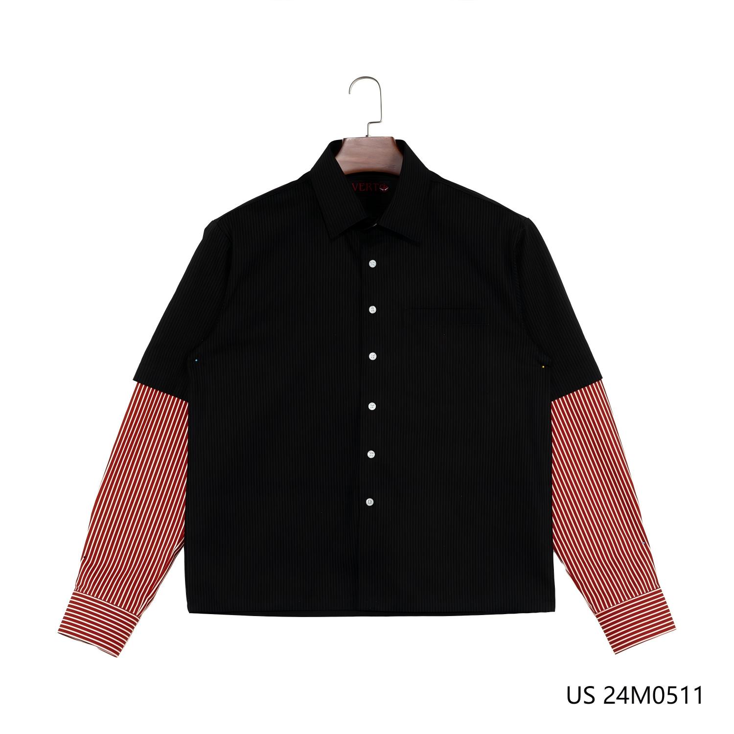 Men's 100% Cotton Printed Black And Red Stripes Patchwork Button Down Long Sleeve Shirts