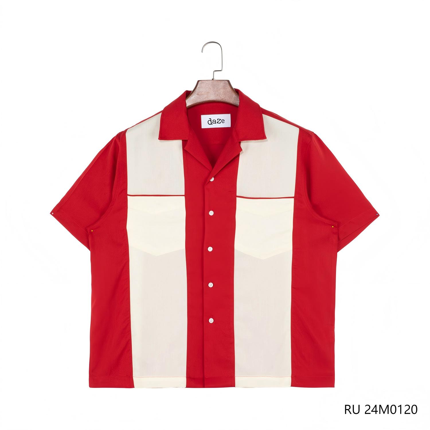 Men's 100% Cotton Botton up Cuban Collar Red White Color Match Blocking Short Sleeve Bowling Shirt With Two Pocket