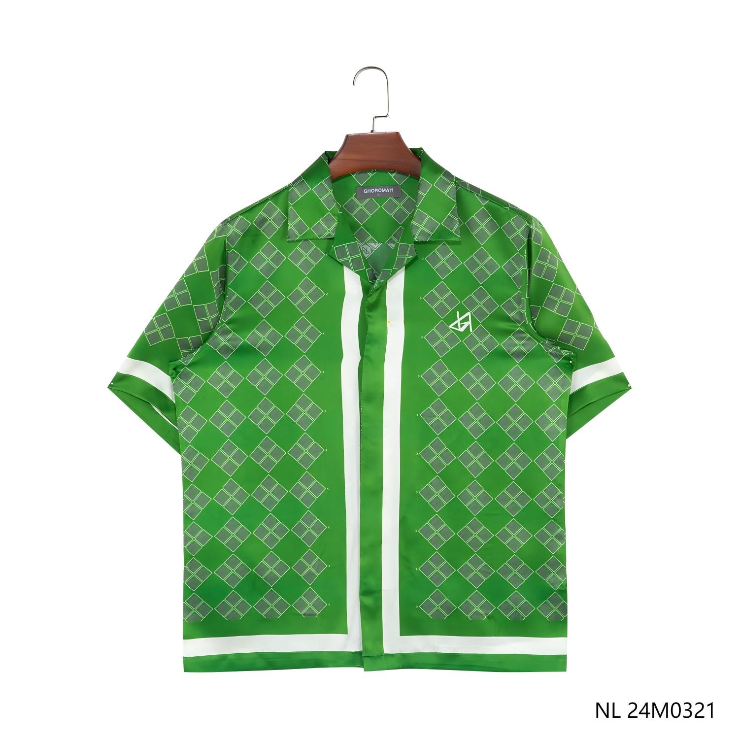 Men's 100% Silk Plaid Green Cuban Collar Short Sleeve Button Down Shirts 