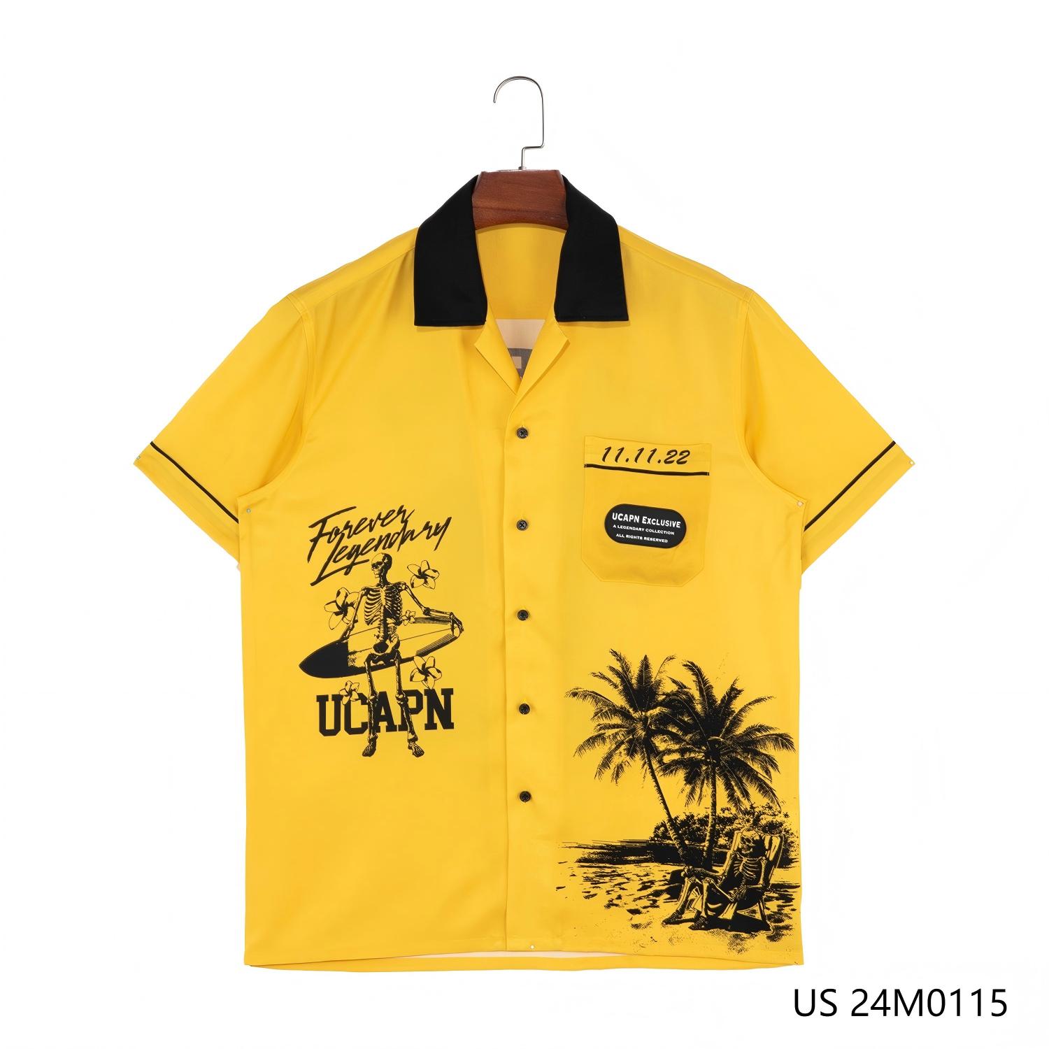 100% Tencel Yellow with Black Printed Patterns Short Sleeve Button Down Shirts for men with Black Cuban Collar