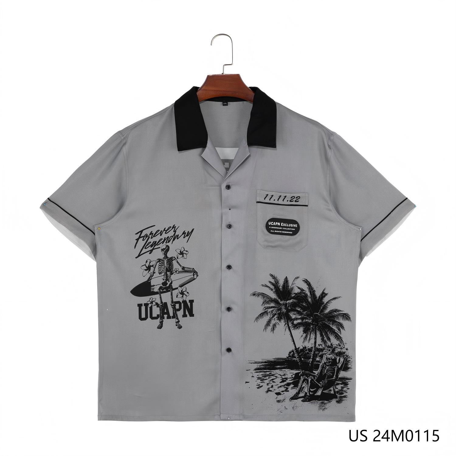 100% Tencel Gray with Black Printed Patterns Short Sleeve Button Down Shirts for men with Black Cuban Collar