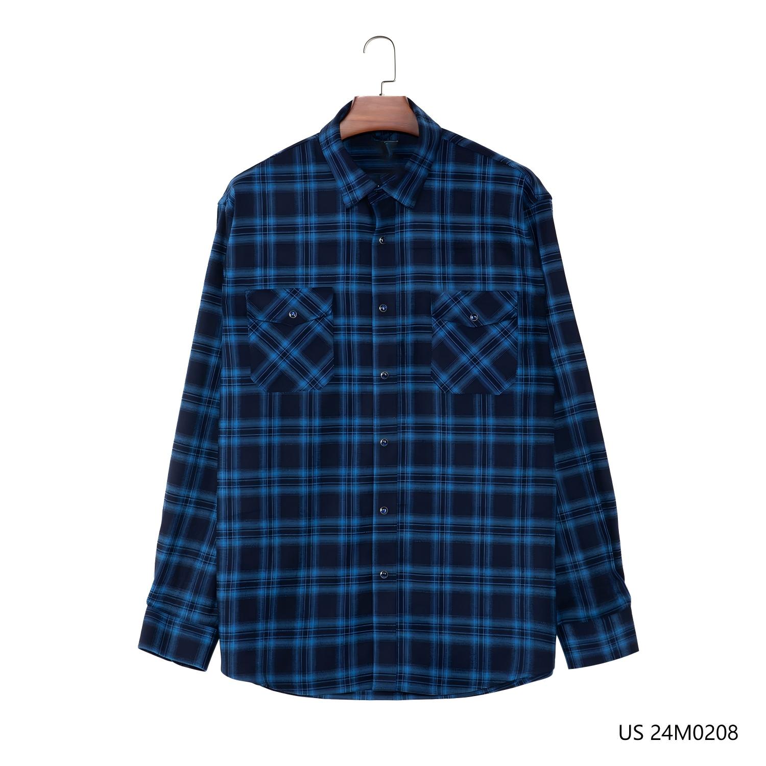 100% Cotton  Customizable Blue Plaid Turn-down Collar Button Down Long Sleeve Shirts For Men