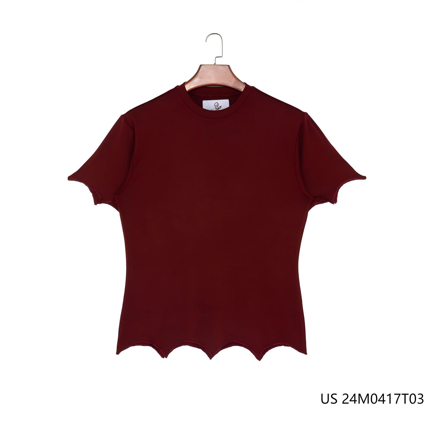 Women's 92% Modal 8% Cotton Red Plain O-neck Collar T-shirts With Zigzag Hem And Sleeves