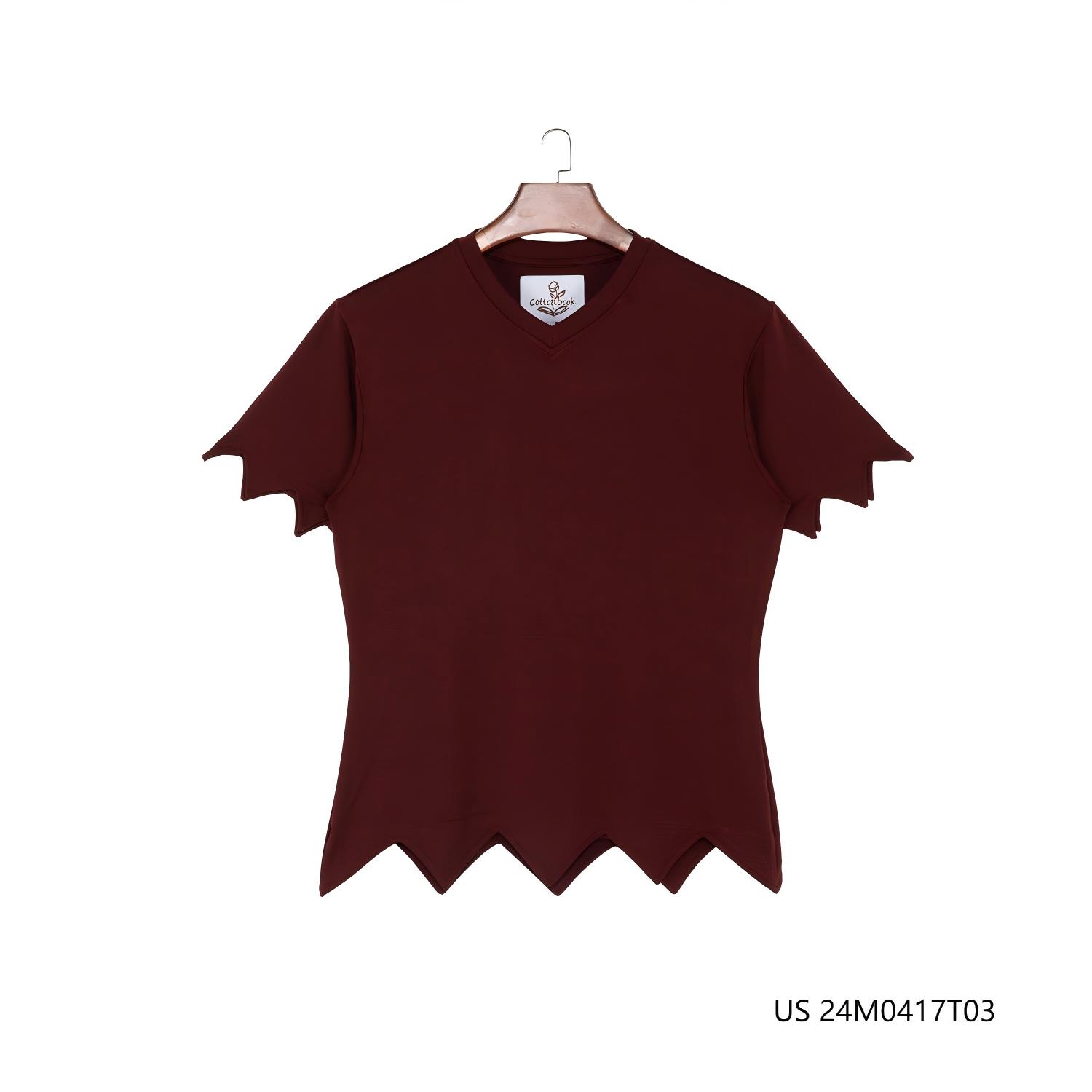 Women's 92%Modal 8% Cotton Dark Red Plain O-neck Collar T-shirts With Zigzag Hem And Sleeves