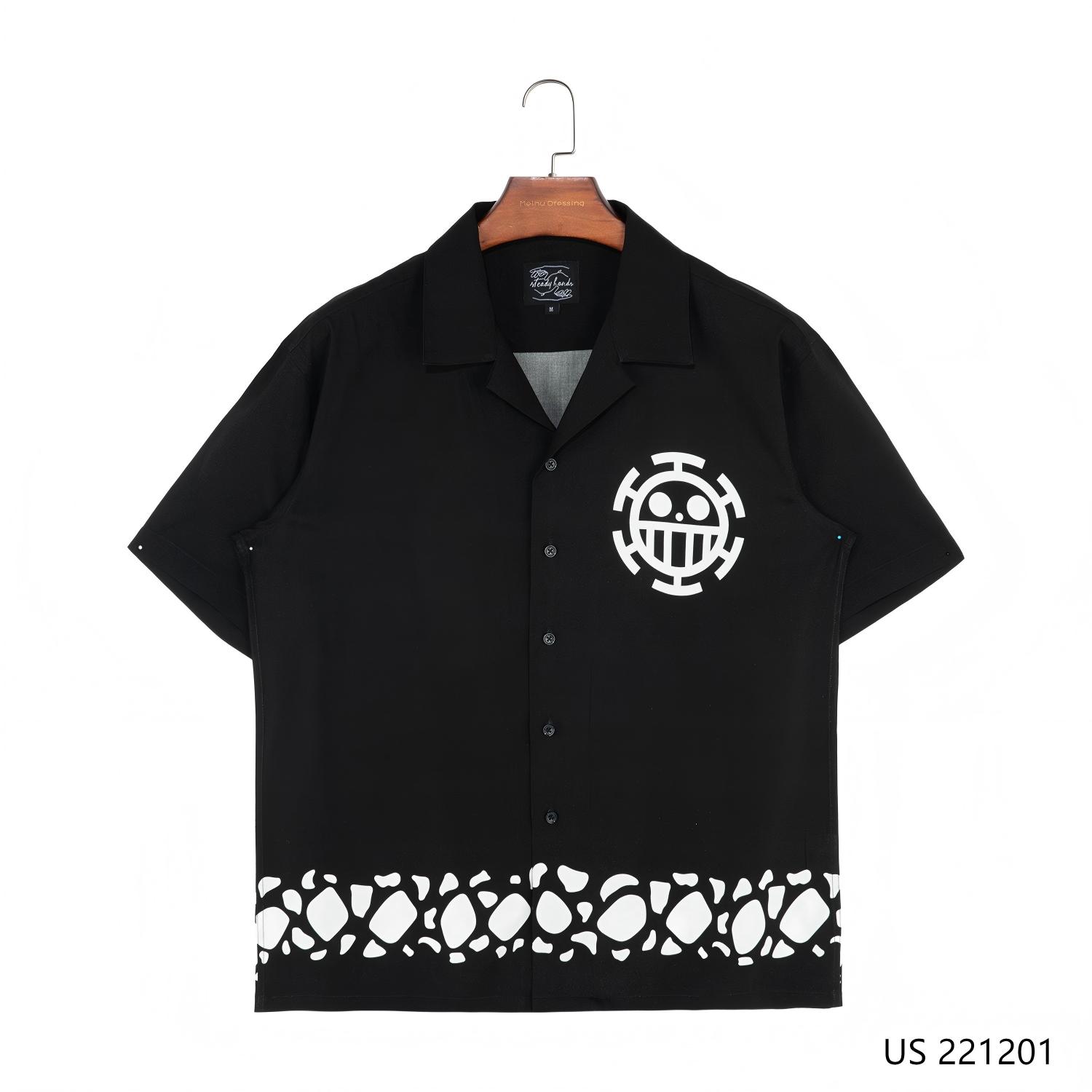 Men's 100% Rayon White Printed On The Black Background Short Sleeve Button Down Shirts