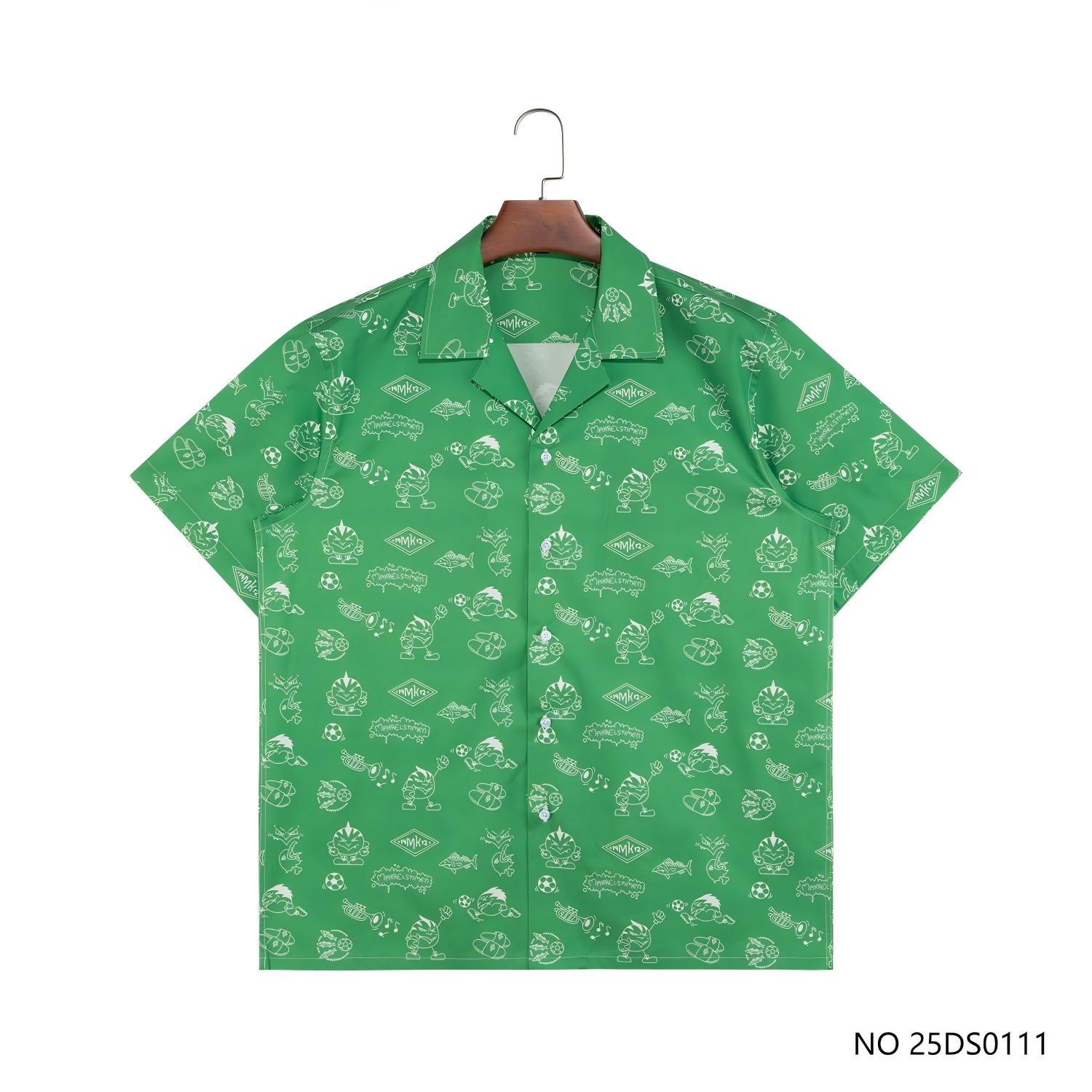 2025 New Style Men's  100% Cotton Cartoon  Green Short Sleeve Button Down Shirts