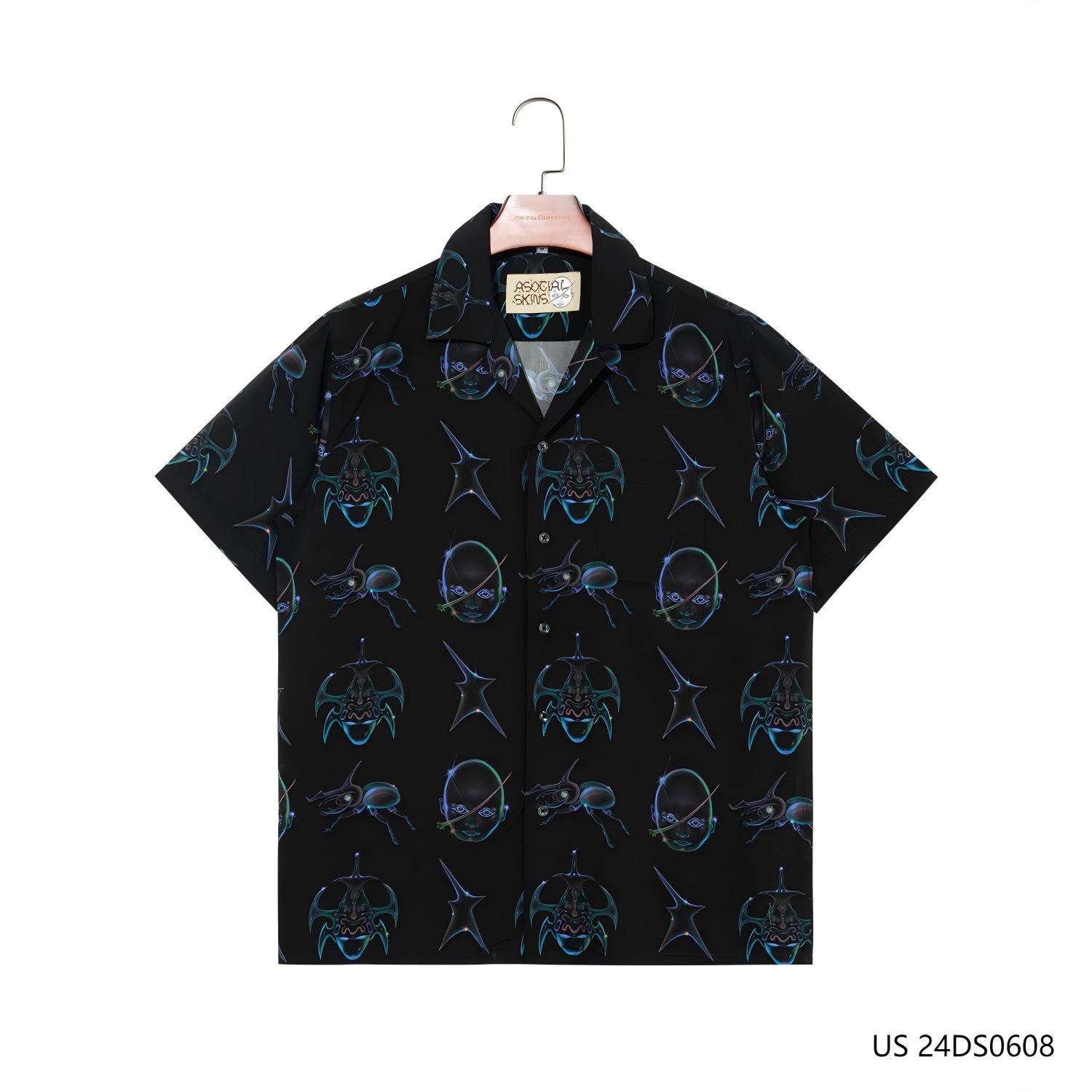 Men's 100% Rayon Dark Style Printing Short Sleeve Button Down Shirts
