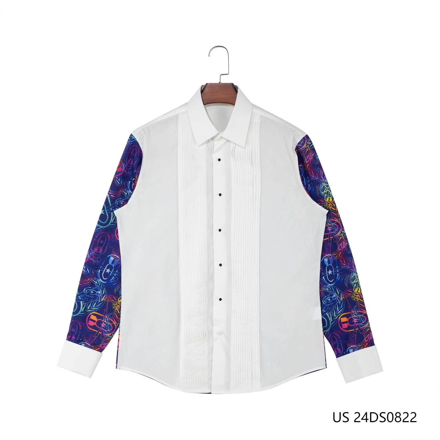 Men's 100% Cotton Pleated Contrast Color Button Down Long Sleeve Shirts With Cuff