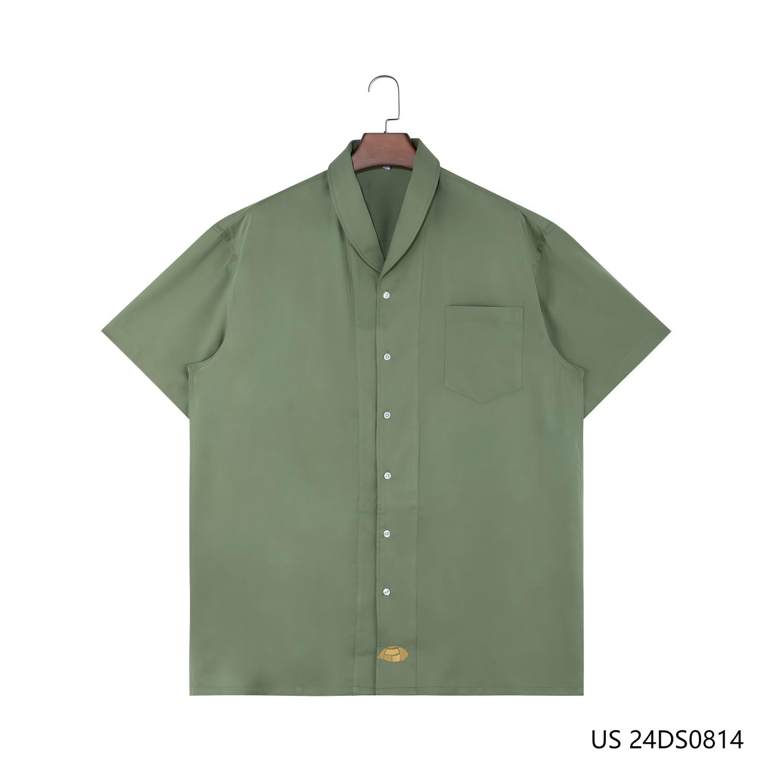 Men's 100% Tencel  Green Plain Embroidered  Short Sleeve Button Down Shirts