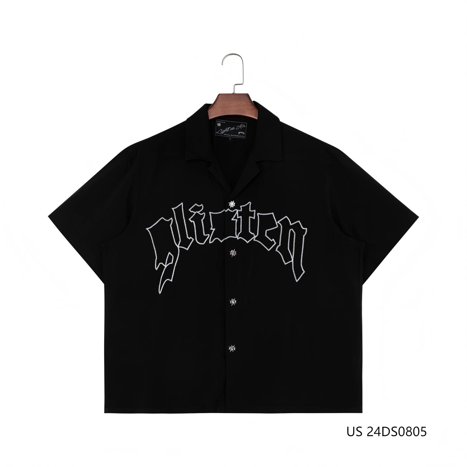 Men's 100% Viscose Embroidered  Black Short Sleeve Button Down Shirts With The Special Design In The Button